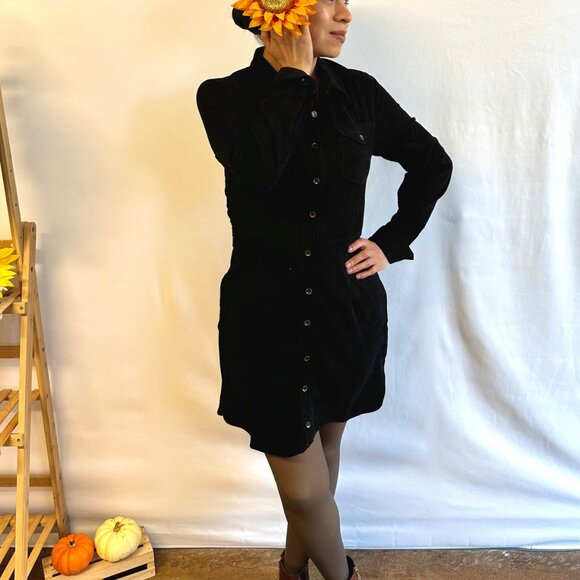 Black Corduroy Button Down Dress - Picture 2 of 4